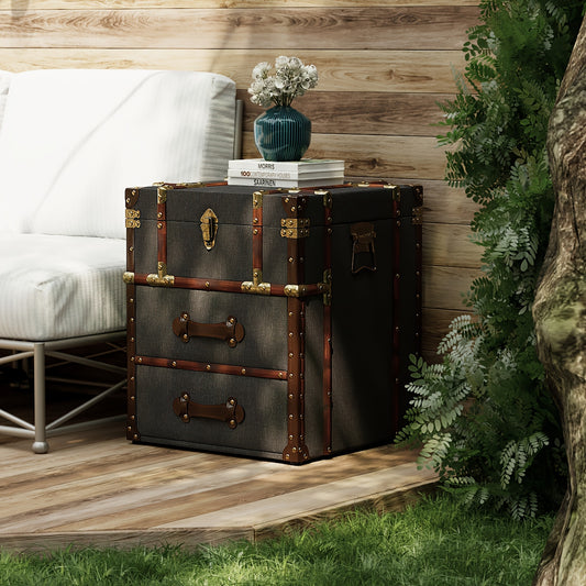 1pc Rustic Wooden Storage Chest with Metal Handles and Hinged Lid, Linen-Lined End Side Table with Pedestal Base for Patio and Home Decor