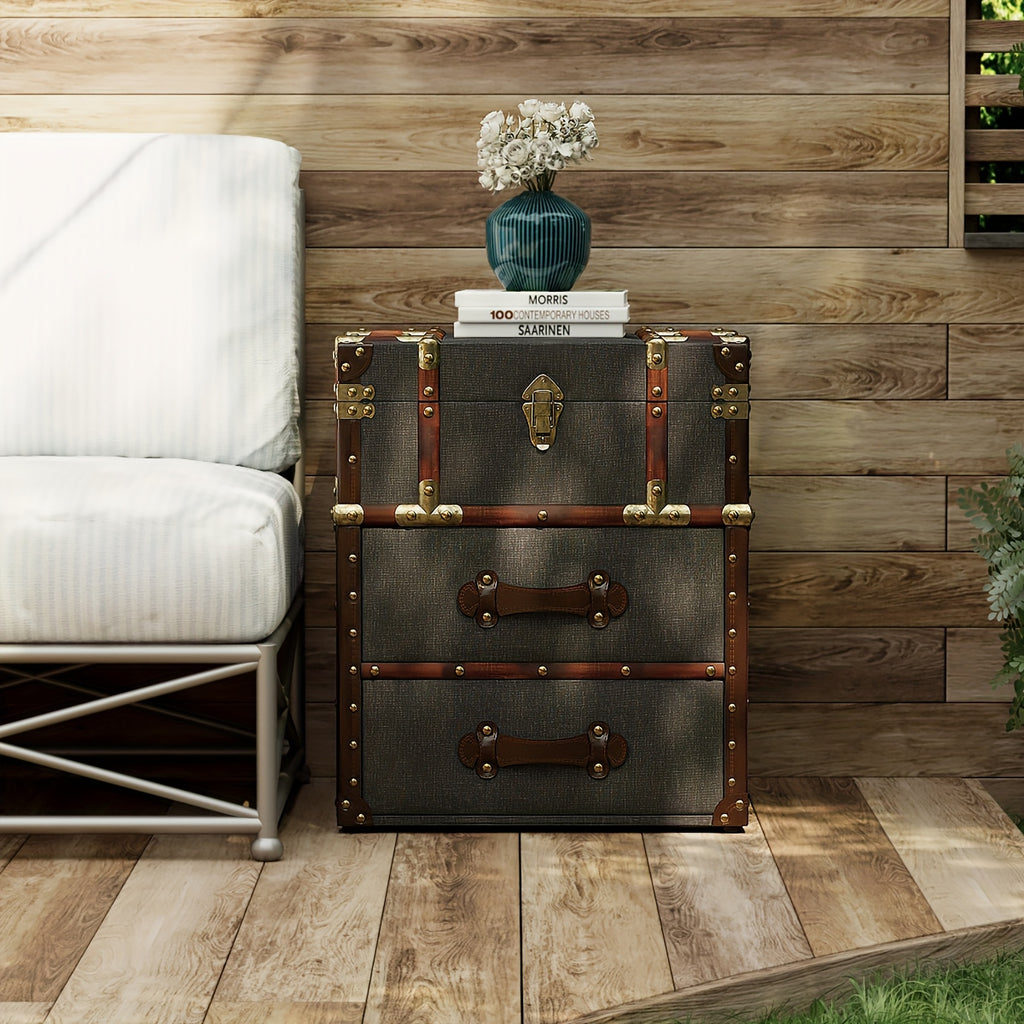 1pc Rustic Wooden Storage Chest with Metal Handles and Hinged Lid, Linen-Lined End Side Table with Pedestal Base for Patio and Home Decor