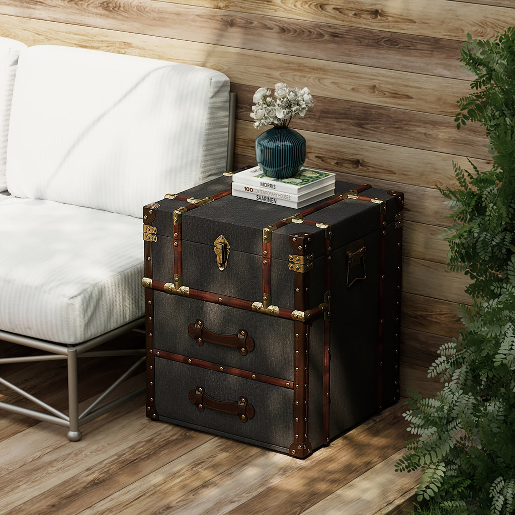 1pc Rustic Wooden Storage Chest with Metal Handles and Hinged Lid, Linen-Lined End Side Table with Pedestal Base for Patio and Home Decor