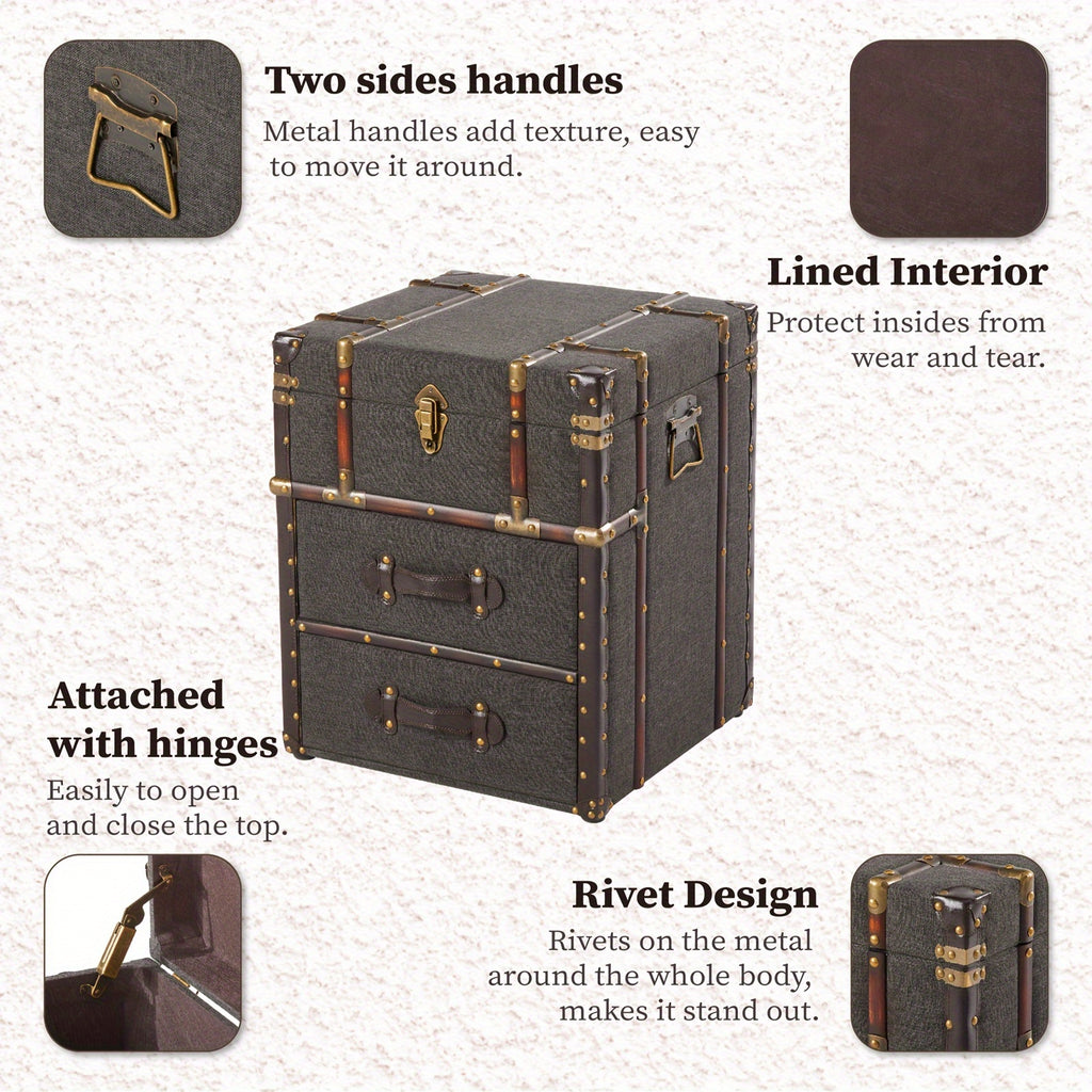 1pc Rustic Wooden Storage Chest with Metal Handles and Hinged Lid, Linen-Lined End Side Table with Pedestal Base for Patio and Home Decor