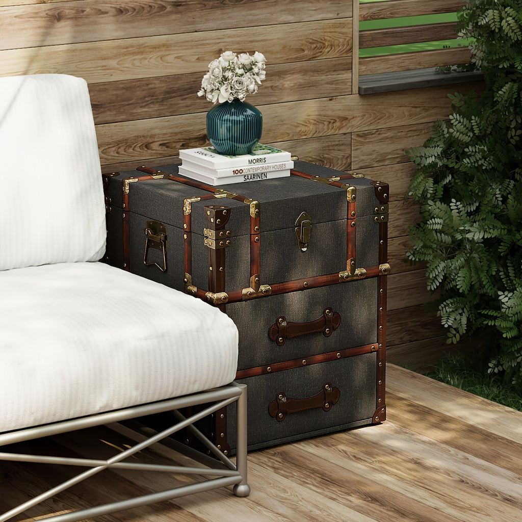 1pc Rustic Wooden Storage Chest with Metal Handles and Hinged Lid, Linen-Lined End Side Table with Pedestal Base for Patio and Home Decor